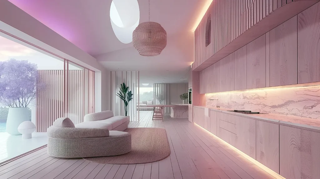 Interior de vivienda con iluminación indirecta en techo y mobiliario