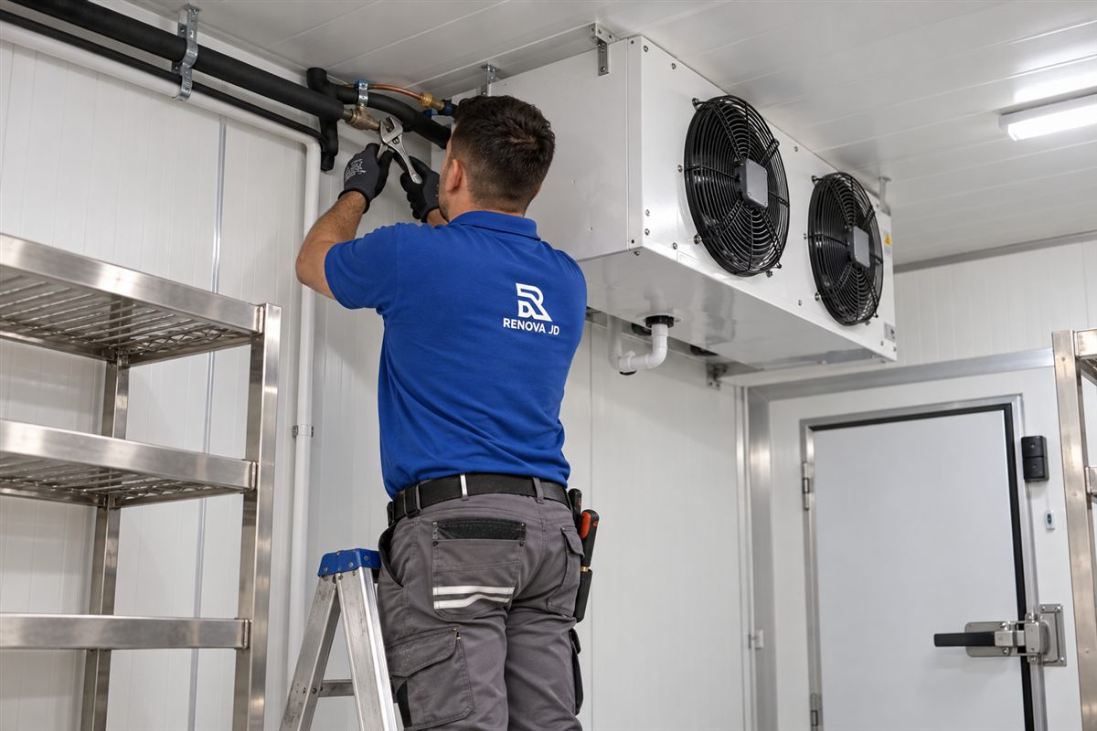 Ilustración de un técnico instalando el evaporador de una cámara frigorífica