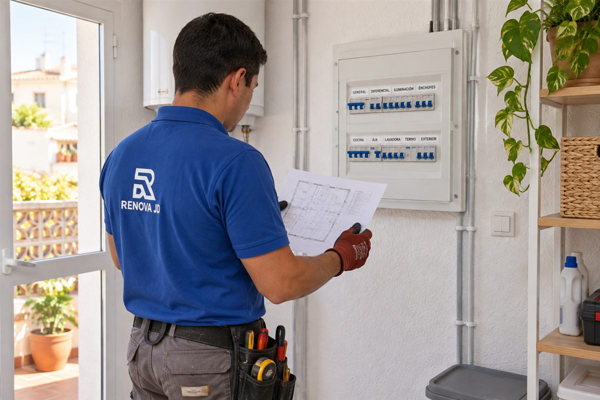 Ilustración de un instalador eléctrico revisando un proyecto junto al cuadro